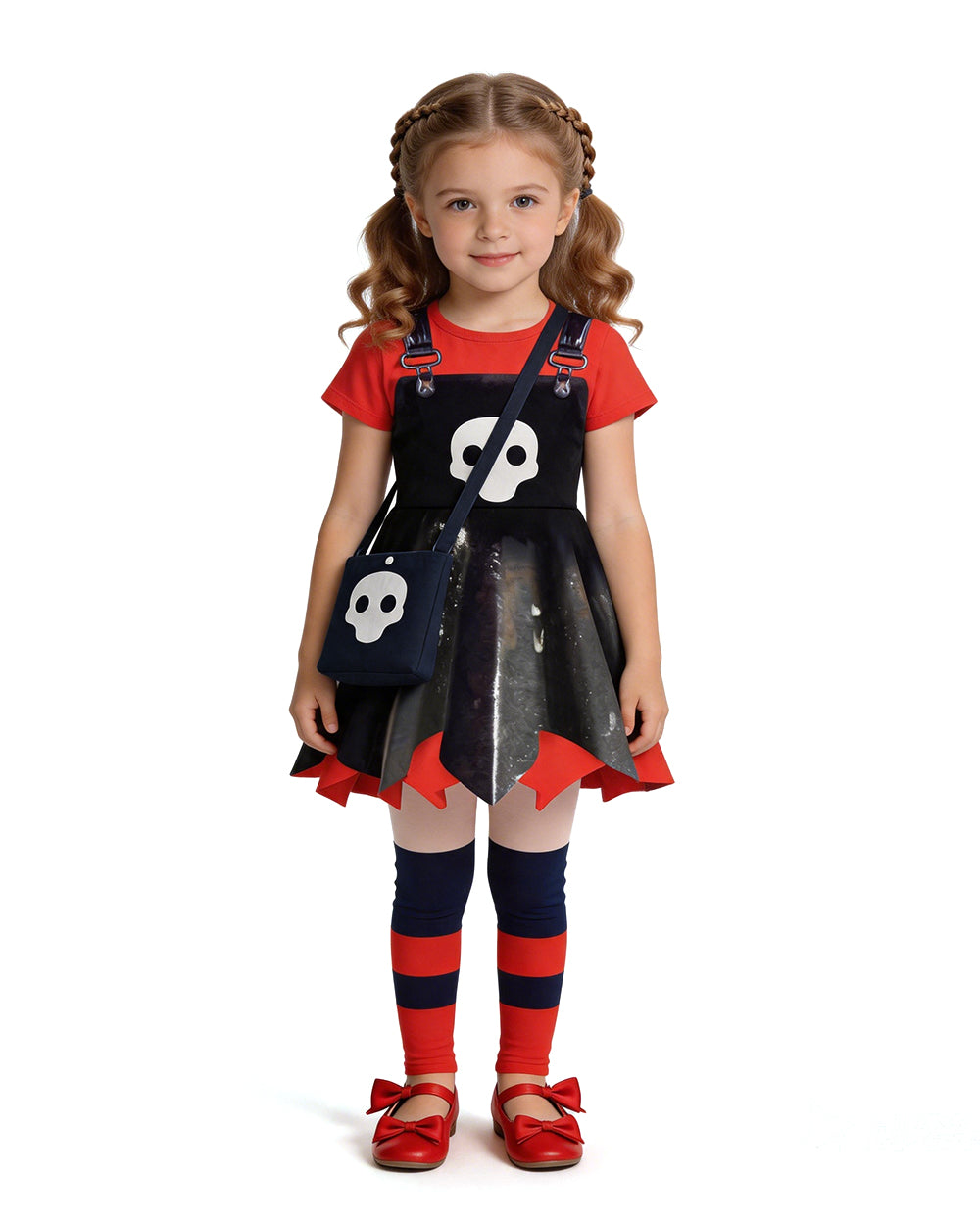 Girls Game Inspired Doll Costume Black Asymmetric Hem Dress Bag and Leggings Suit for Spooky Dress-Up Party 4-10Y