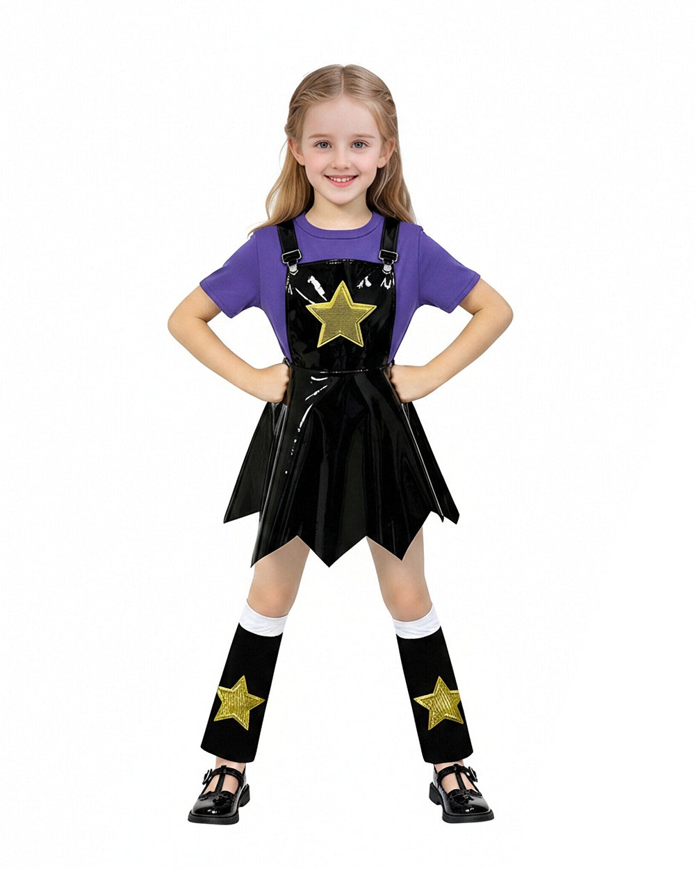 Girls Horror Game Twin Braids Monster Costume Purple Faux Leather Dress with Shirt and Leg Sleeves for Cosplay Party