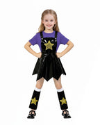 Girls Horror Game Twin Braids Monster Costume Purple Faux Leather Dress with Shirt and Leg Sleeves for Cosplay Party
