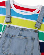 Adult Show Host Cosplay Outfit Rainbow Striped T-shirt and Blue Denim Overalls for Halloween Cosplay Party