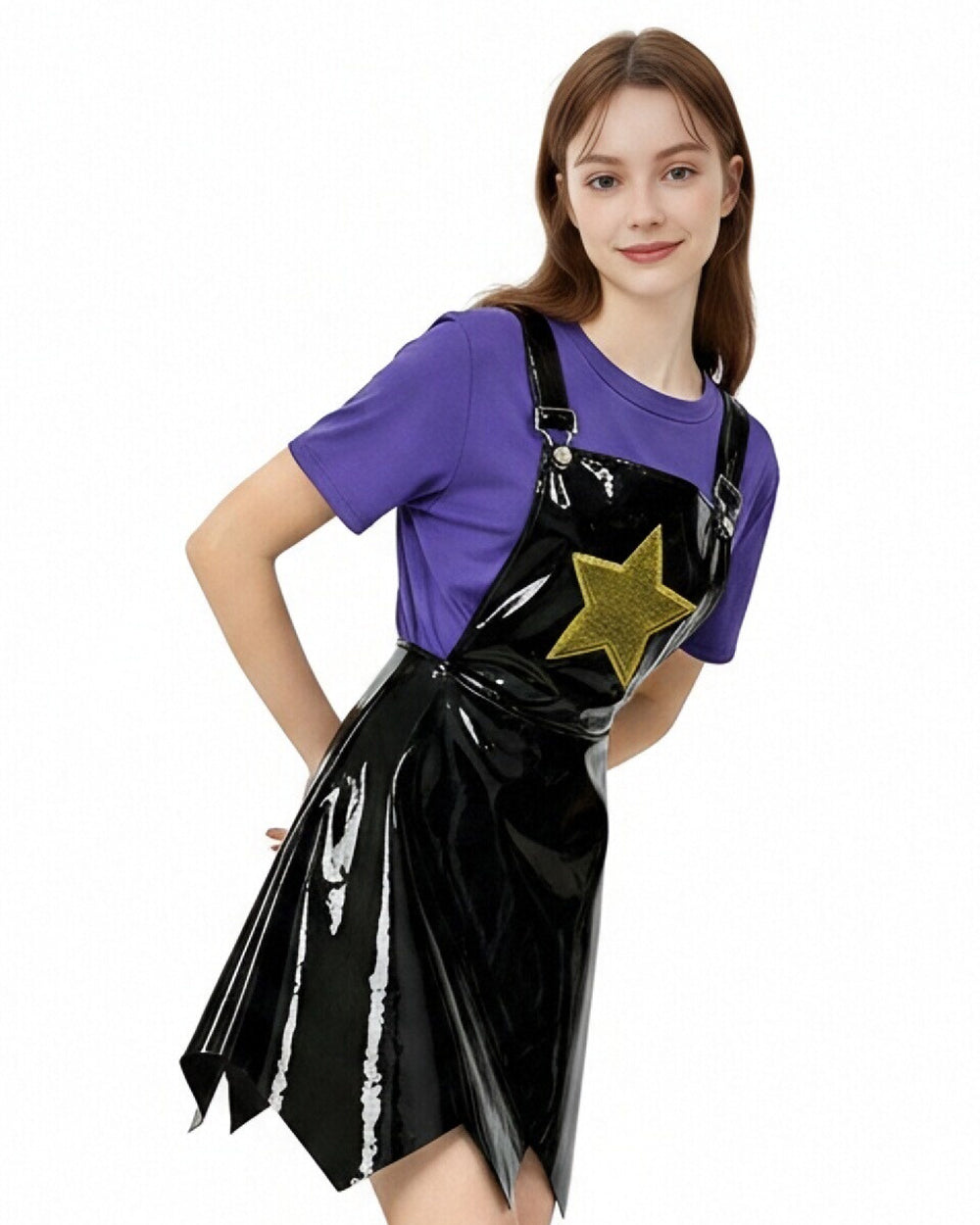 Women Purple Heart Braids Doll Costume PU Leather Dress with T-shirt and Matching Leg Sleeves for Theme Dress Up