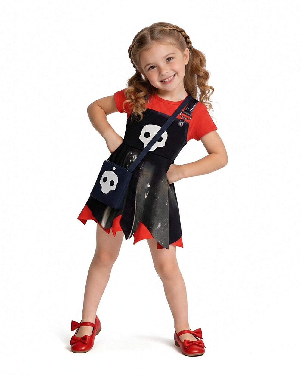 Girls Game Inspired Doll Costume Black Asymmetric Hem Dress Bag and Leggings Suit for Spooky Dress-Up Party 4-10Y