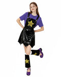 Women Purple Heart Braids Doll Costume PU Leather Dress with T-shirt and Matching Leg Sleeves for Theme Dress Up