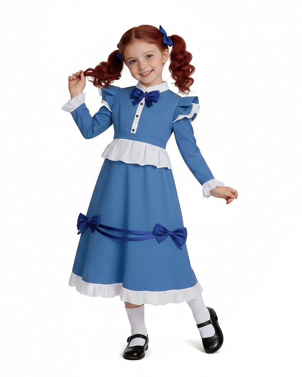 Girls The Incredible Doll Costume Blue Maid Dress with Matching Bow Accessories for Halloween Cosplay Theme Parties
