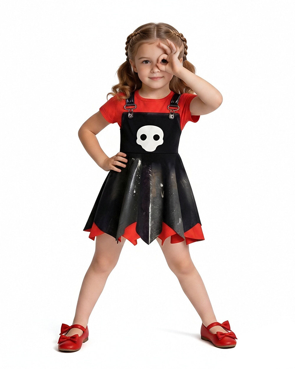 Girls Game Inspired Doll Costume Black Asymmetric Hem Dress Bag and Leggings Suit for Spooky Dress-Up Party 4-10Y