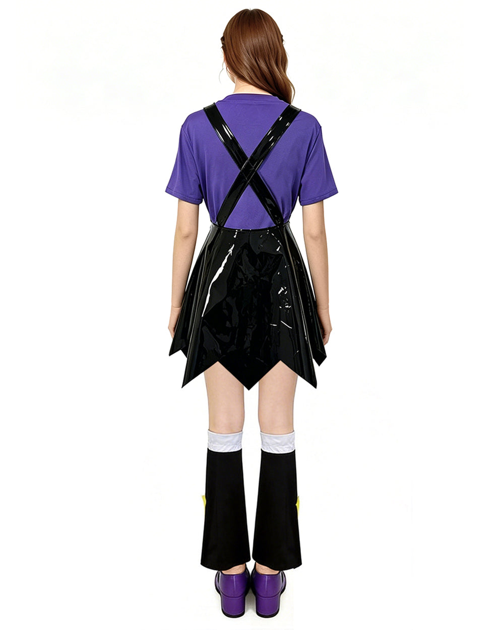 Women Purple Heart Braids Doll Costume PU Leather Dress with T-shirt and Matching Leg Sleeves for Theme Dress Up