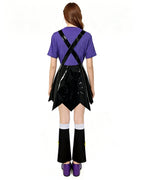 Women Purple Heart Braids Doll Costume PU Leather Dress with T-shirt and Matching Leg Sleeves for Theme Dress Up