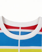 Adult Show Host Cosplay Outfit Rainbow Striped T-shirt and Blue Denim Overalls for Halloween Cosplay Party
