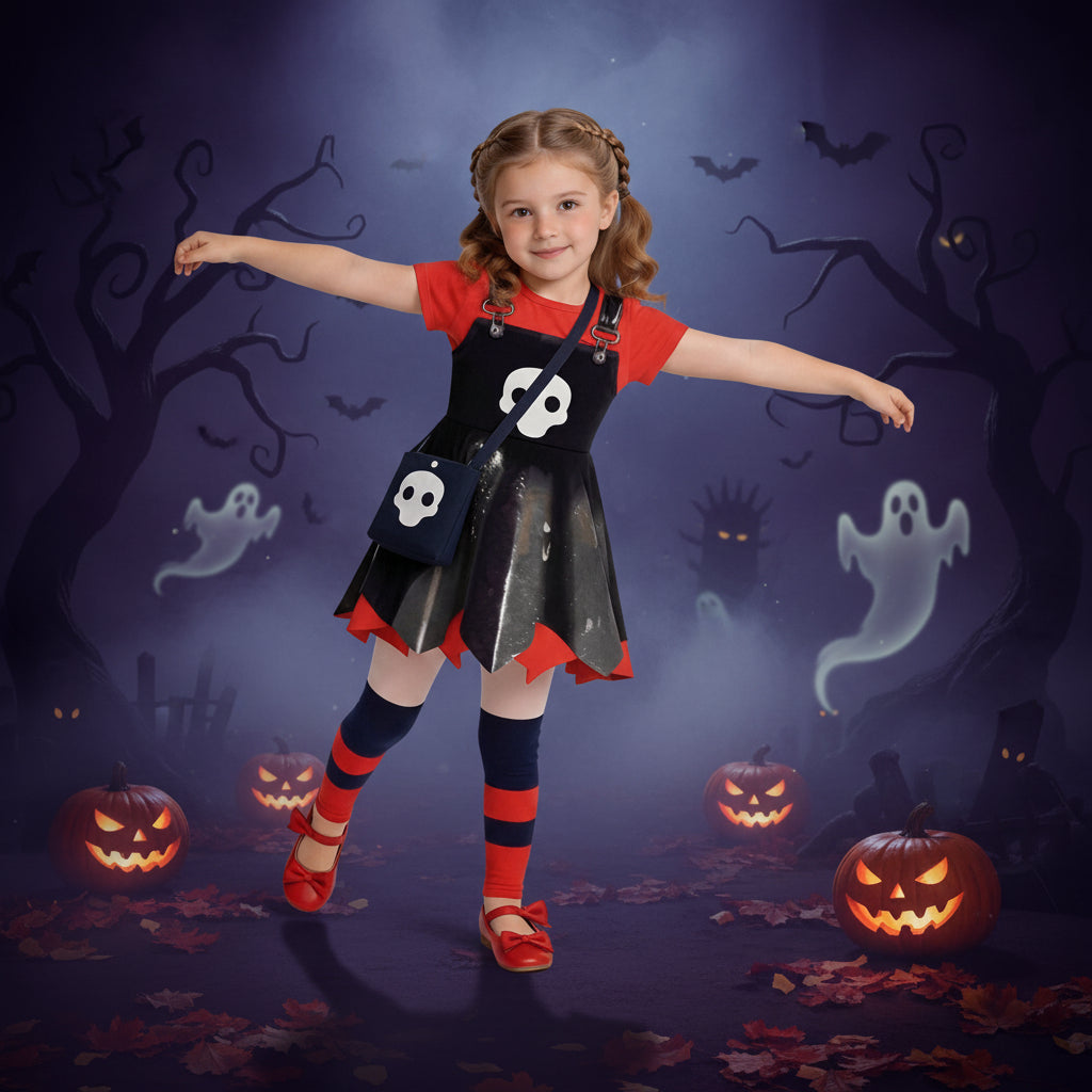 Girls Game Inspired Doll Costume Black Asymmetric Hem Dress Bag and Leggings Suit for Spooky Dress-Up Party 4-10Y