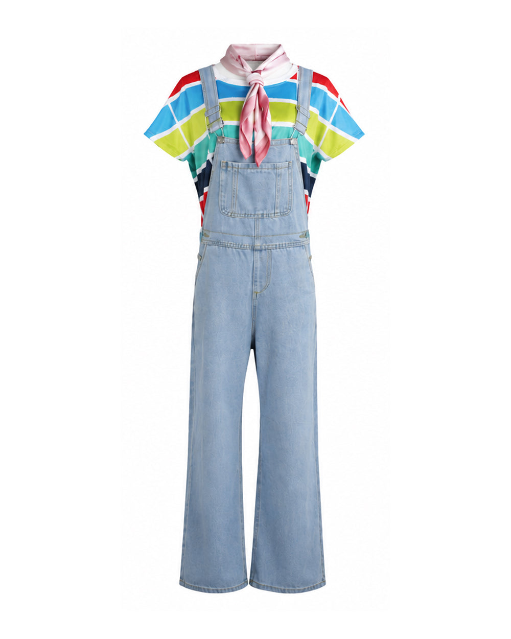 Adult Show Host Cosplay Outfit Rainbow Striped T-shirt and Blue Denim Overalls for Halloween Cosplay Party