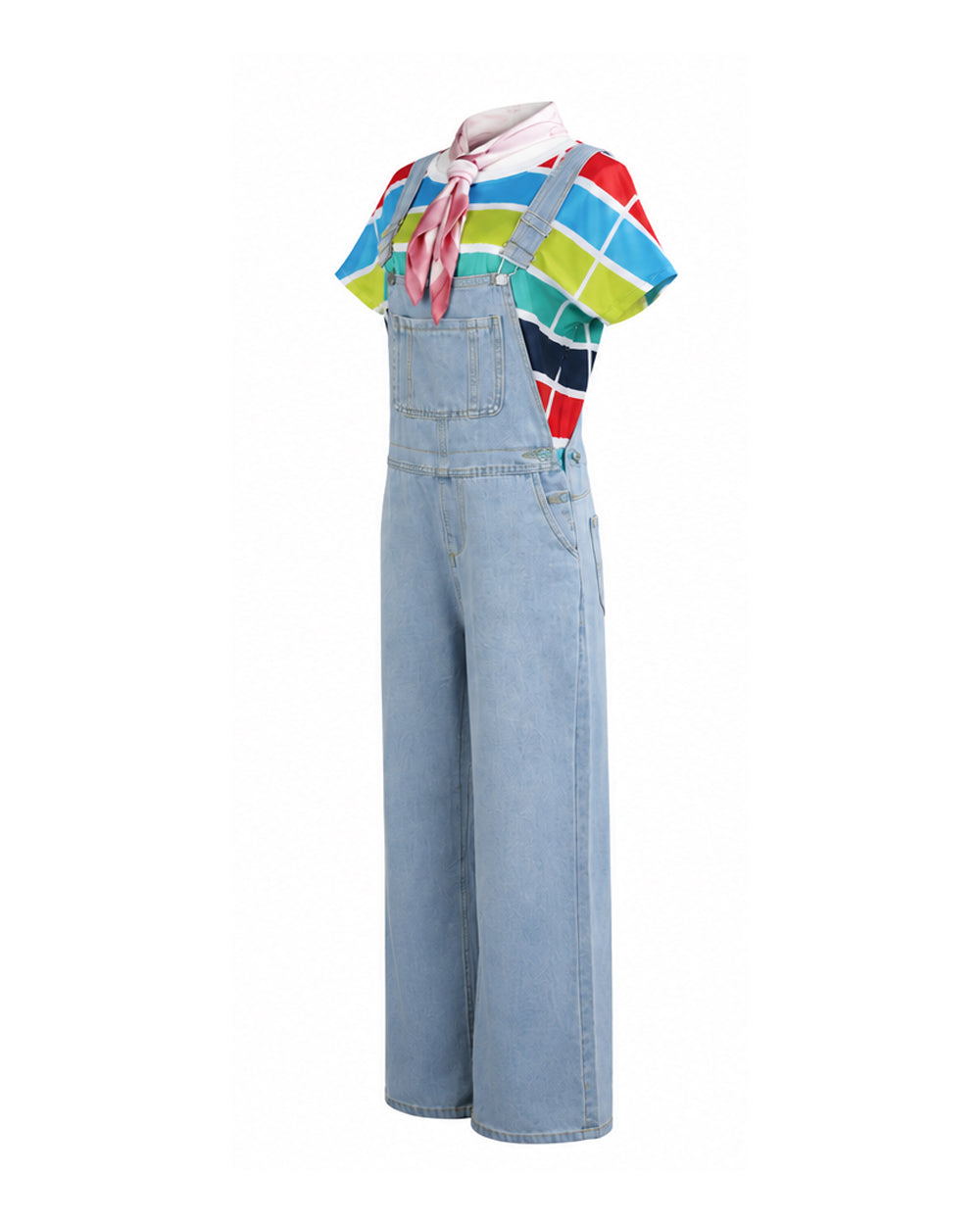 Adult Show Host Cosplay Outfit Rainbow Striped T-shirt and Blue Denim Overalls for Halloween Cosplay Party