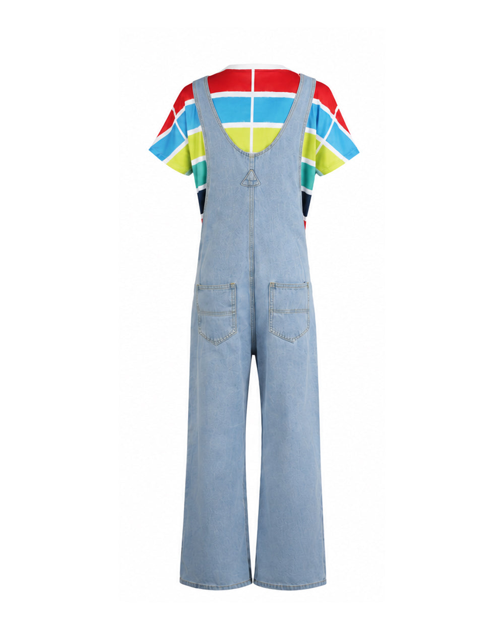 Adult Show Host Cosplay Outfit Rainbow Striped T-shirt and Blue Denim Overalls for Halloween Cosplay Party