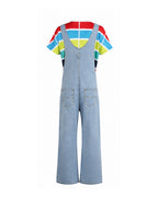 Adult Show Host Cosplay Outfit Rainbow Striped T-shirt and Blue Denim Overalls for Halloween Cosplay Party