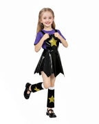 Girls Horror Game Twin Braids Monster Costume Purple Faux Leather Dress with Shirt and Leg Sleeves for Cosplay Party