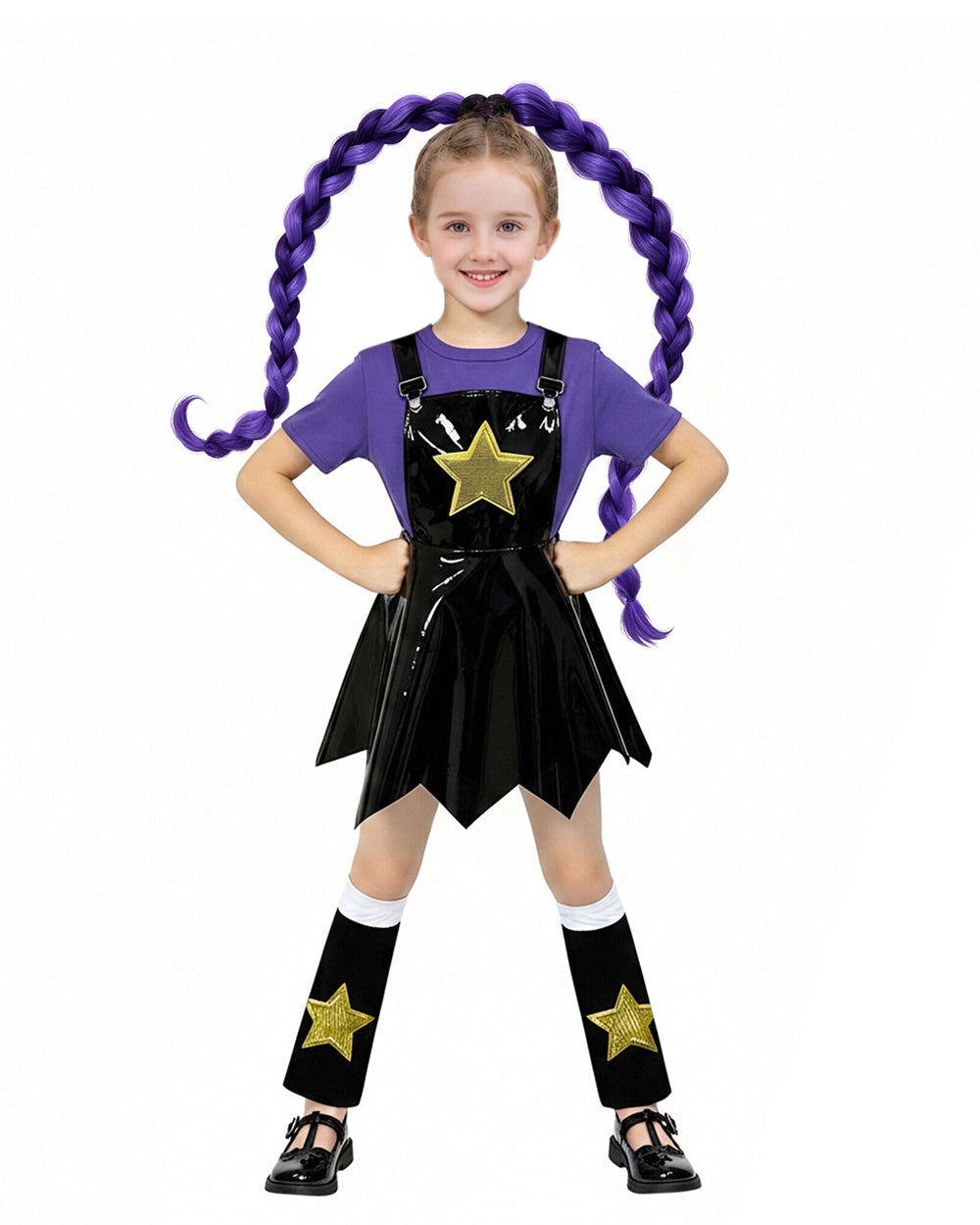 Girls Horror Game Twin Braids Monster Costume Purple Faux Leather Dress with Shirt and Leg Sleeves for Cosplay Party