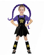 Girls Horror Game Twin Braids Monster Costume Purple Faux Leather Dress with Shirt and Leg Sleeves for Cosplay Party