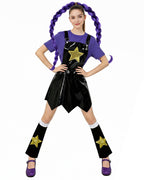 Women Purple Heart Braids Doll Costume PU Leather Dress with T-shirt and Matching Leg Sleeves for Theme Dress Up