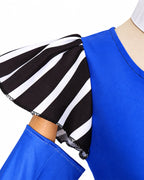 Women Vintage Creepy Doll Costume Gothic Blue Striped Ruffle Hem Dress with Gloves and Wig for Cosplay Events