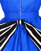 Women Vintage Creepy Doll Costume Gothic Blue Striped Ruffle Hem Dress with Gloves and Wig for Cosplay Events