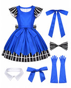 Women Vintage Creepy Doll Costume Gothic Blue Striped Ruffle Hem Dress with Gloves and Wig for Cosplay Events