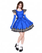 Women Vintage Creepy Doll Costume Gothic Blue Striped Ruffle Hem Dress with Gloves and Wig for Cosplay Events