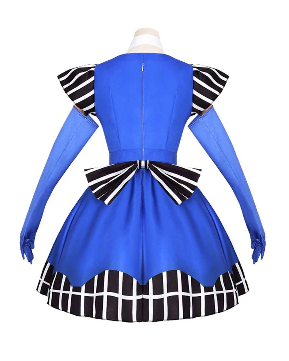 Women Vintage Creepy Doll Costume Gothic Blue Striped Ruffle Hem Dress with Gloves and Wig for Cosplay Events