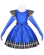 Women Vintage Creepy Doll Costume Gothic Blue Striped Ruffle Hem Dress with Gloves and Wig for Cosplay Events