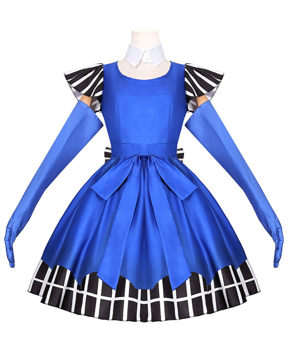 Women Vintage Creepy Doll Costume Gothic Blue Striped Ruffle Hem Dress with Gloves and Wig for Cosplay Events