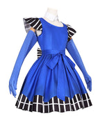 Women Vintage Creepy Doll Costume Gothic Blue Striped Ruffle Hem Dress with Gloves and Wig for Cosplay Events