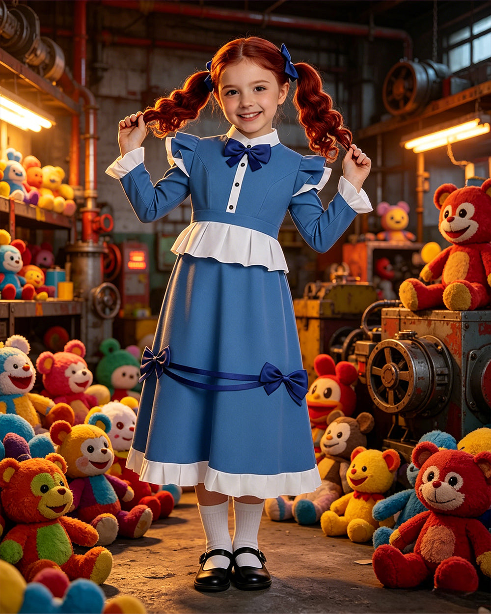 Girls The Incredible Doll Costume Blue Maid Dress with Matching Bow Accessories for Halloween Cosplay Theme Parties