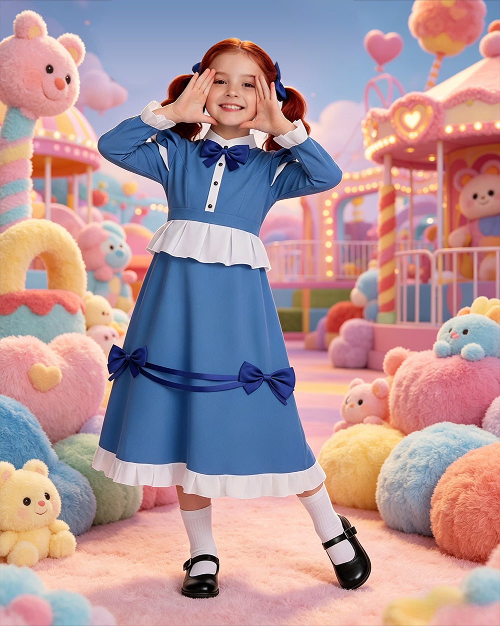 Girls The Incredible Doll Costume Blue Maid Dress with Matching Bow Accessories for Halloween Cosplay Theme Parties