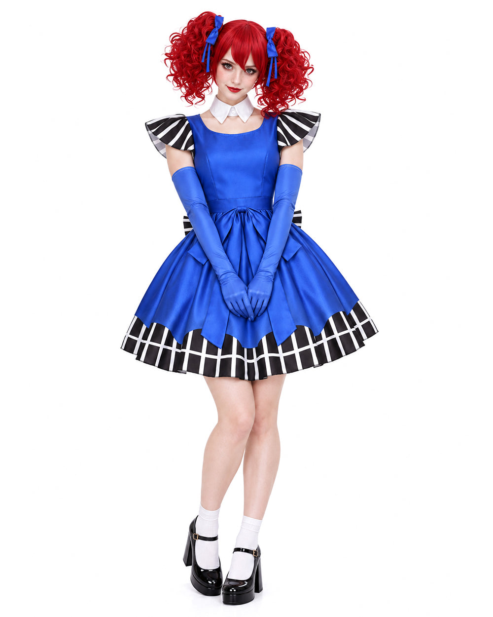 Women Vintage Creepy Doll Costume Gothic Blue Striped Ruffle Hem Dress with Gloves and Wig for Cosplay Events