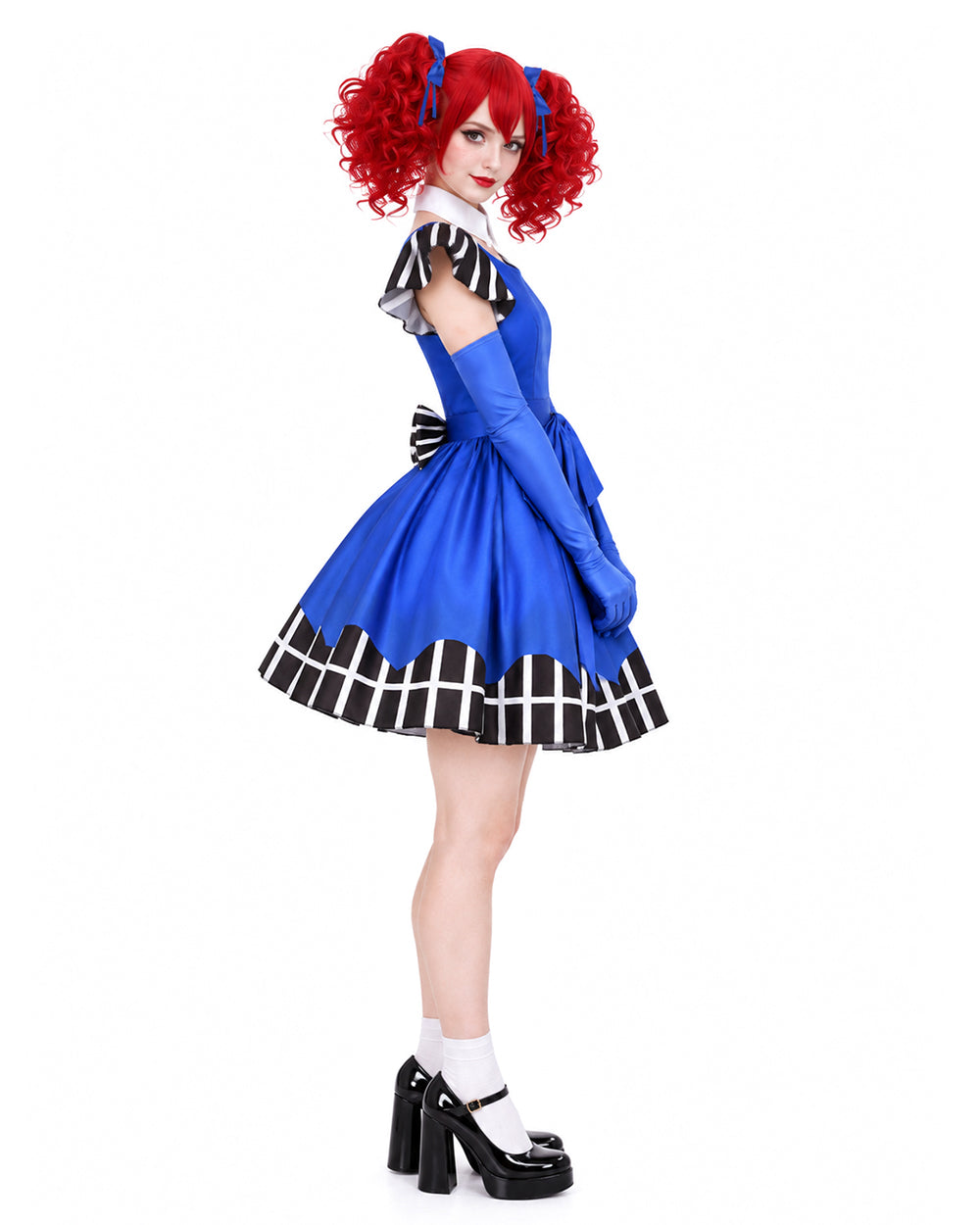 Women Vintage Creepy Doll Costume Gothic Blue Striped Ruffle Hem Dress with Gloves and Wig for Cosplay Events