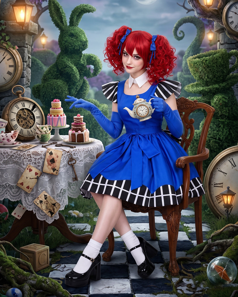 Women Vintage Creepy Doll Costume Gothic Blue Striped Ruffle Hem Dress with Gloves and Wig for Cosplay Events