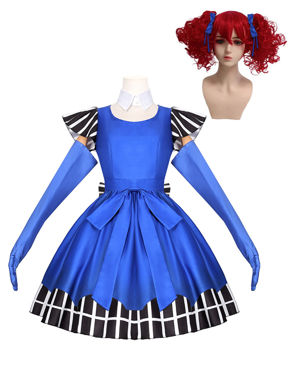 Women Vintage Creepy Doll Costume Gothic Blue Striped Ruffle Hem Dress with Gloves and Wig for Cosplay Events
