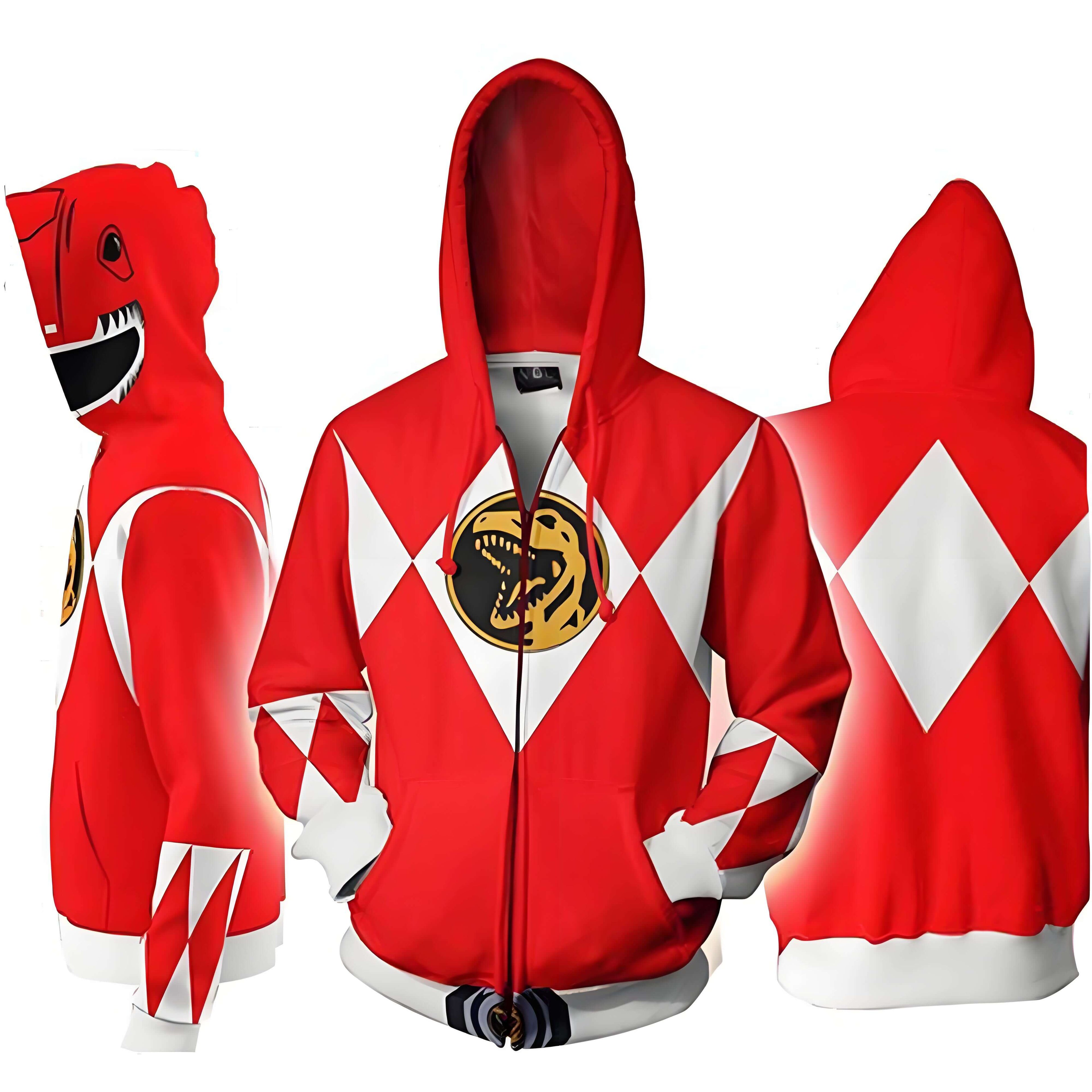 Adult Dino Ranger Costume Zip Up Hooded Sweatshirt Red Ranger Casual Hoodie for Daily Wear