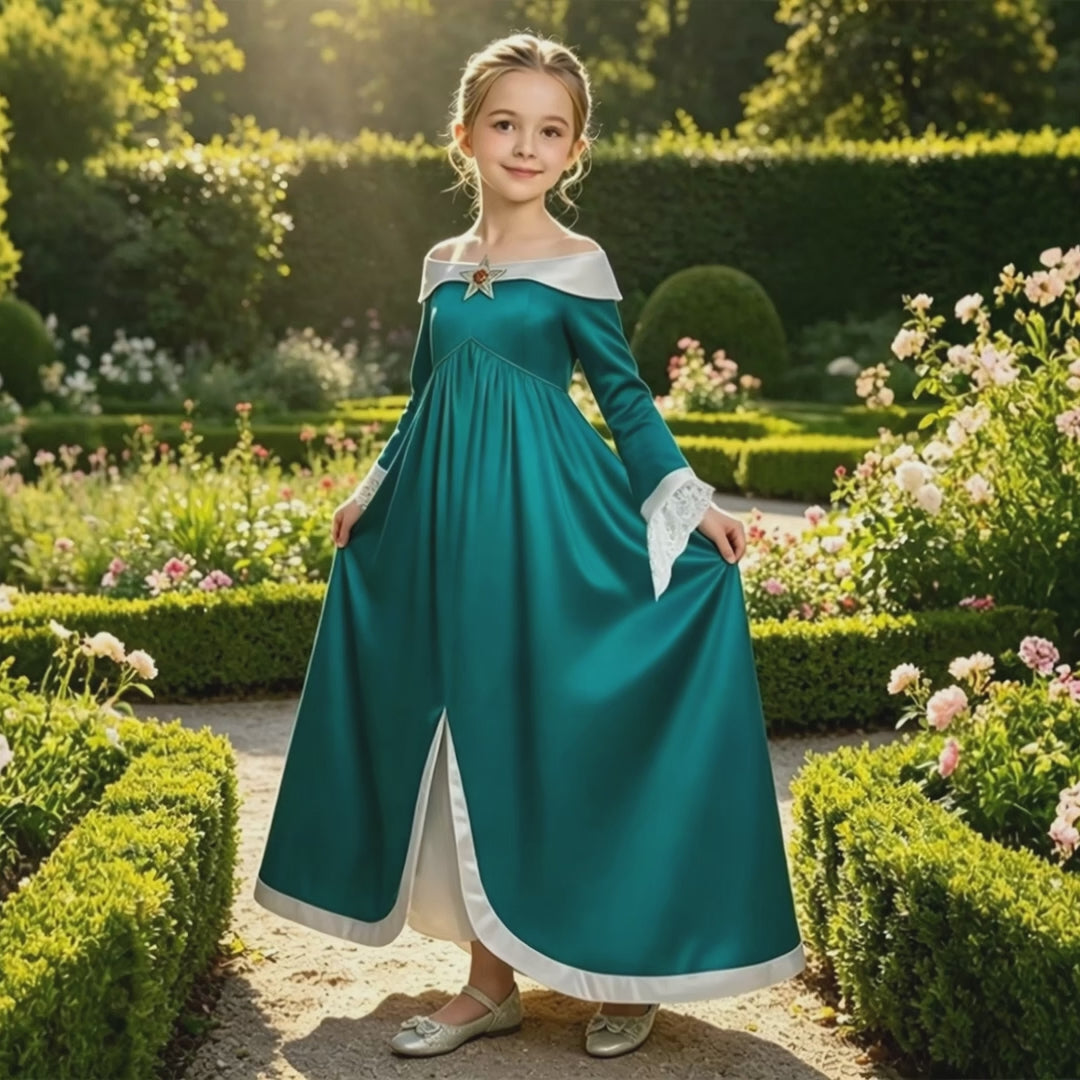 Girls Rosalina Costume The Galaxy Movie Turquoise Off-shoulder Princess Dress with Crown Star Wand and Wig for Cosplay