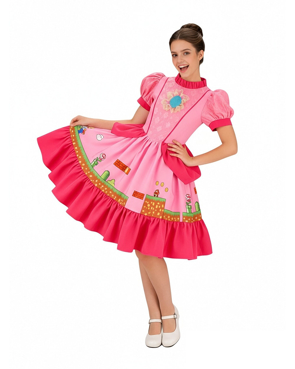 Adventures Princess Dress Pink Floral Chest Lace Gown with Classic Game Scene