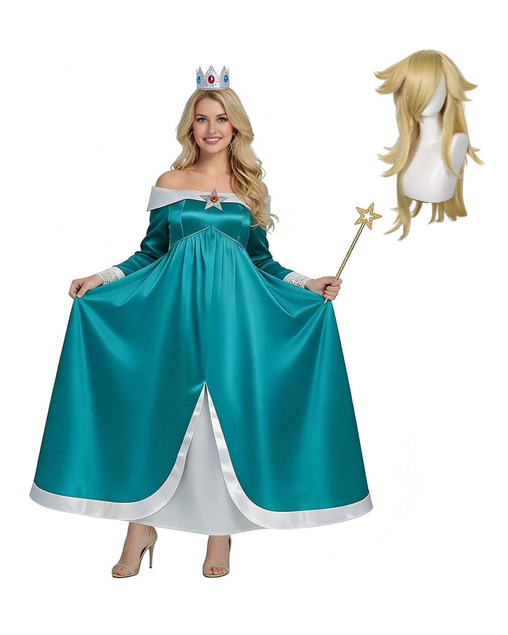 Women Rosalina Costume Turquoise Maxi Princess Off-should Gown with Accessories for Themed Party