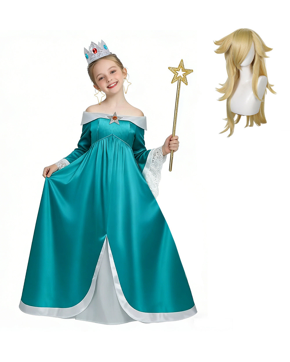 Rosalina Costume The Galactic Princess Turquoise Off-should Dress with Crown Star Wand Set