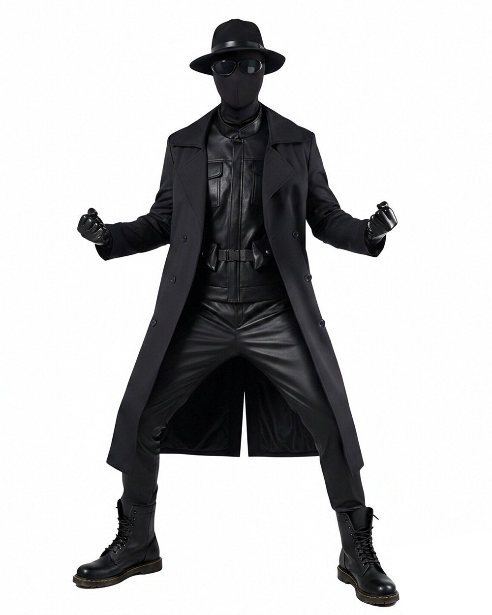 Mens Retro Spider Detective Costume Black Hero Trench Coat with Helmet and Accessories for Cosplay
