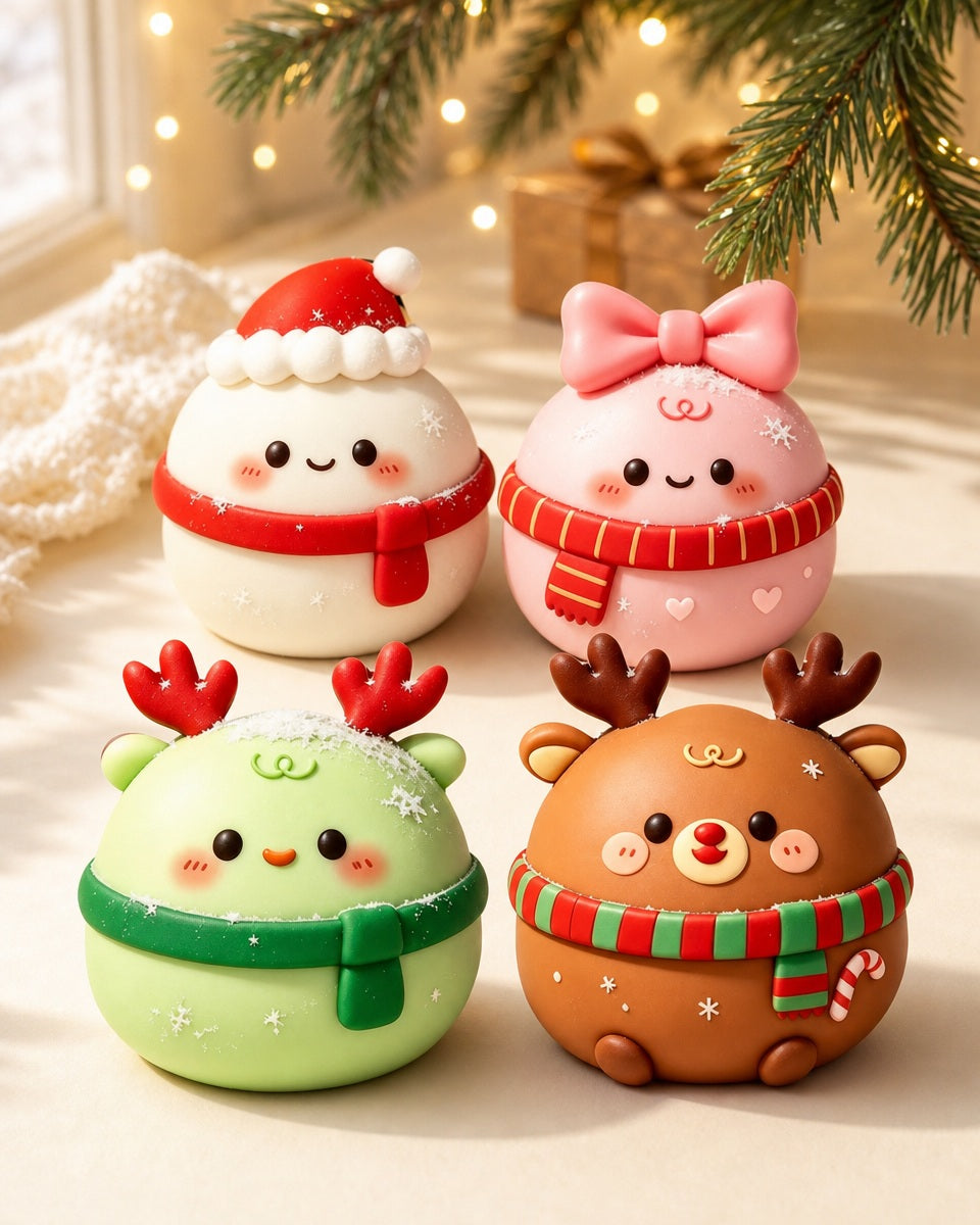 Christmas Squishy Toys 4-Piece Mochi Dumpling Gift Set with Santa and Reindeer Designs