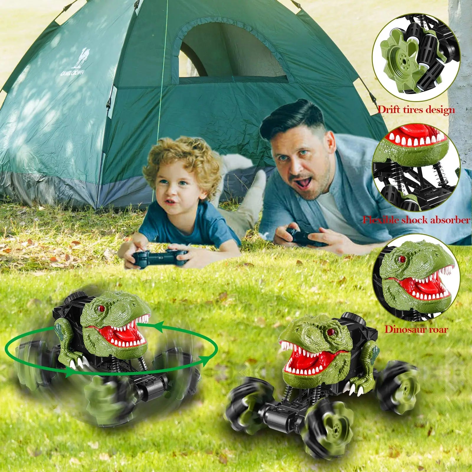 Remote Control Dinosaur Car Rechargeable T-Rex RC Car 360° Stunt Car with Music and Lights