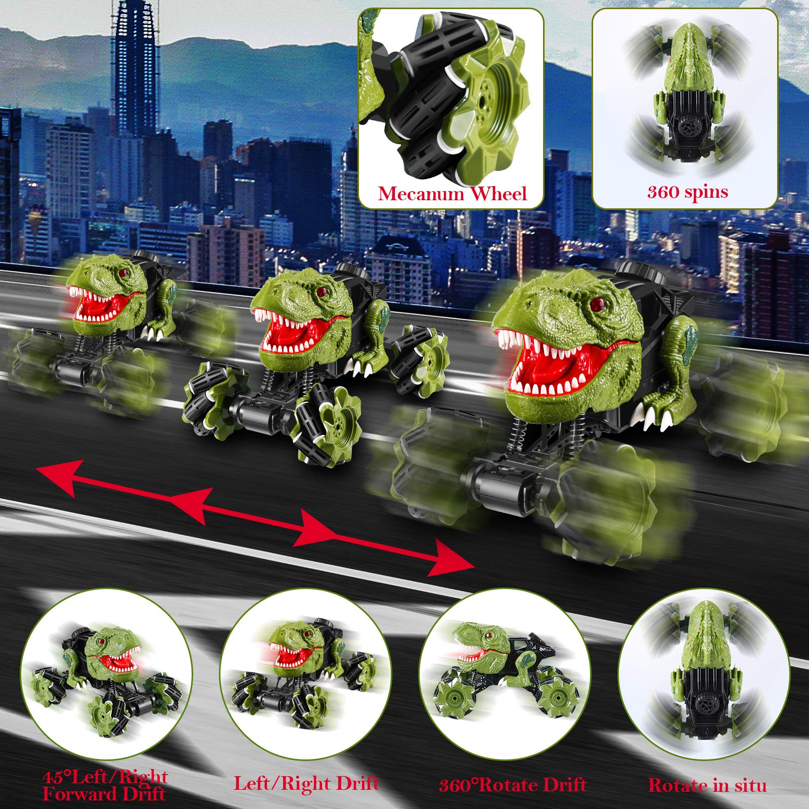 Remote Control Dinosaur Car Rechargeable T-Rex RC Car 360° Stunt Car with Music and Lights