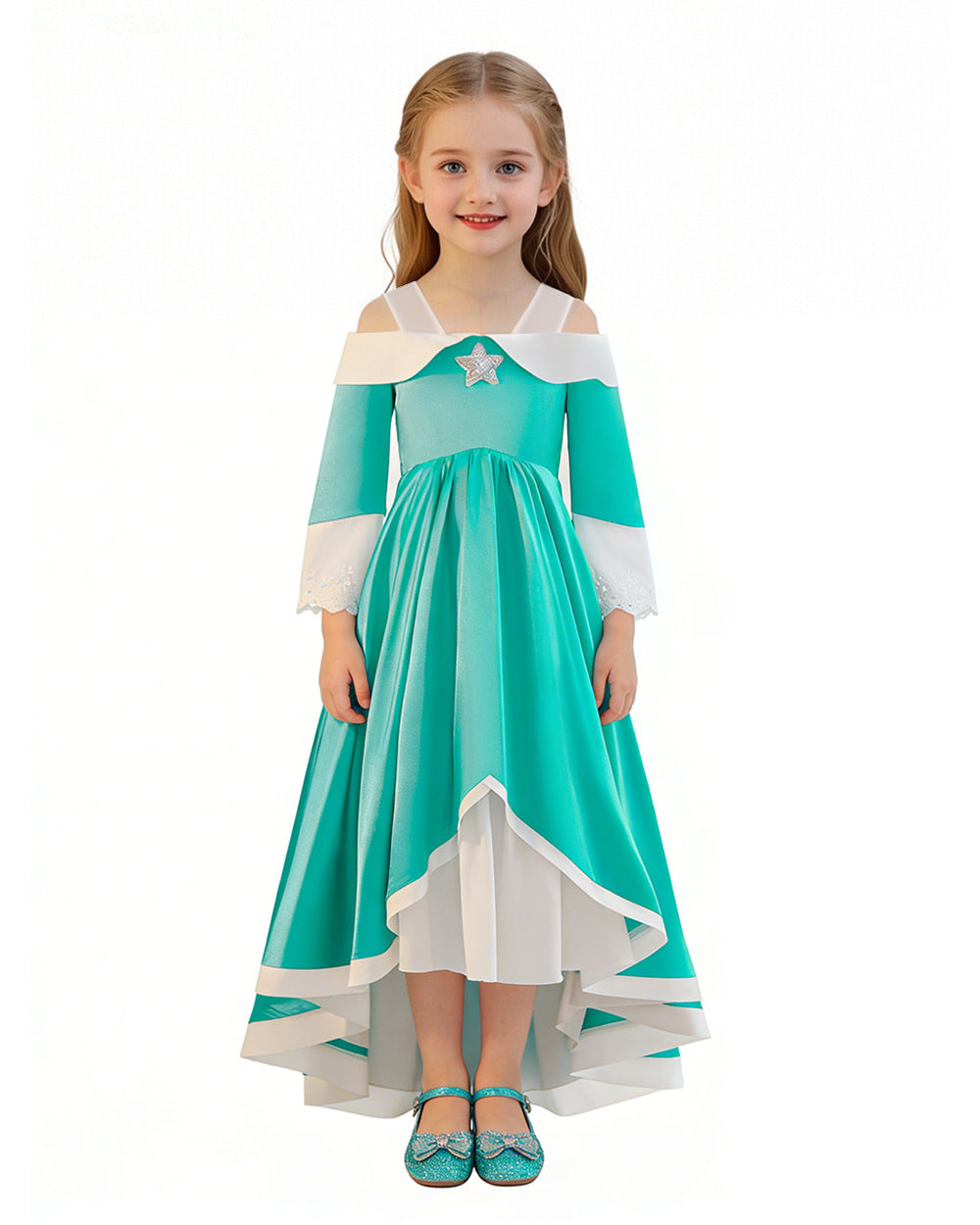 Rosalina Princess Costume Turquoise Satin Off-shoulder Ball Gown with Silver Star High Low Dress