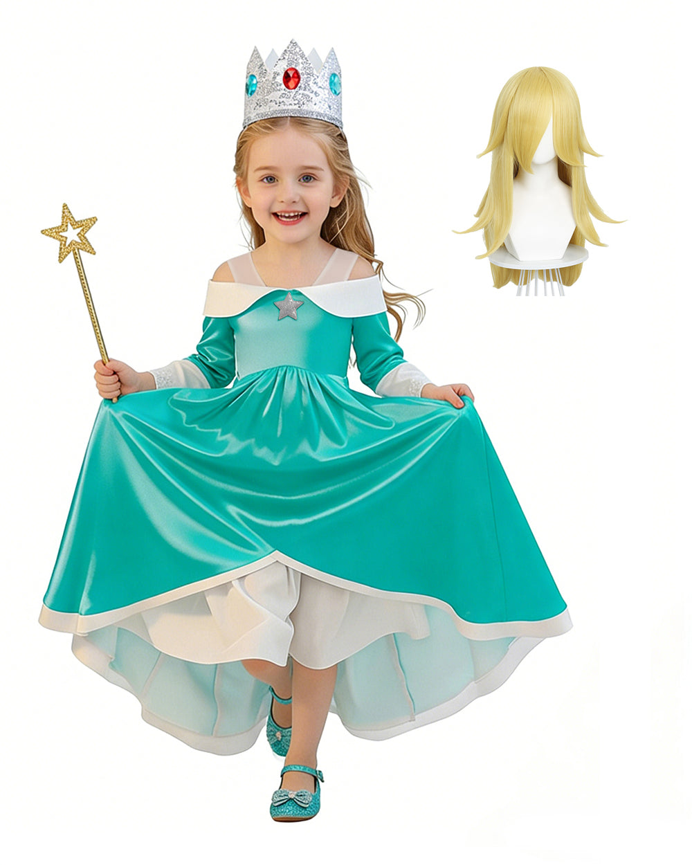 Rosalina Princess Costume Turquoise Satin Off-shoulder Ball Gown with Silver Star High Low Dress