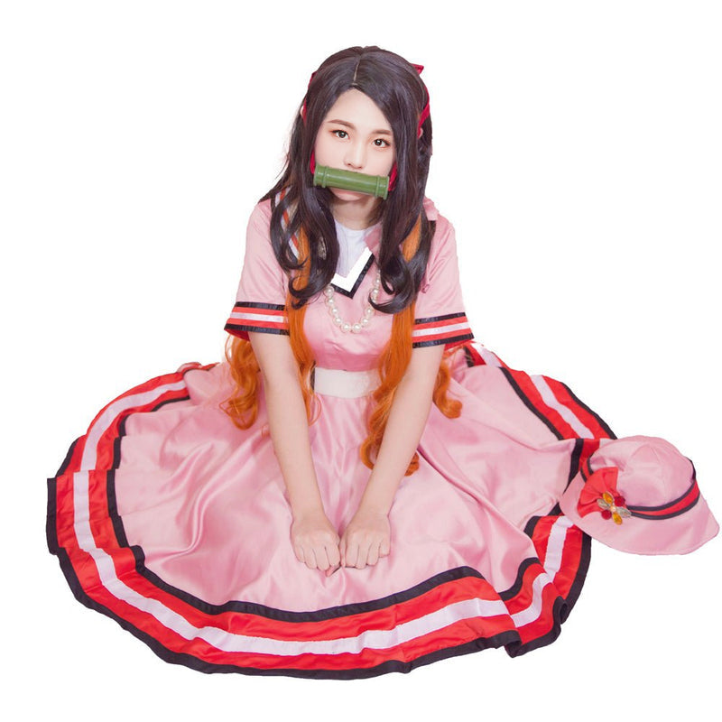 Nezuko Cosplay Costume Pink Summer Dress with Hat The Chosen Demon Nezuko Halloween Outfit