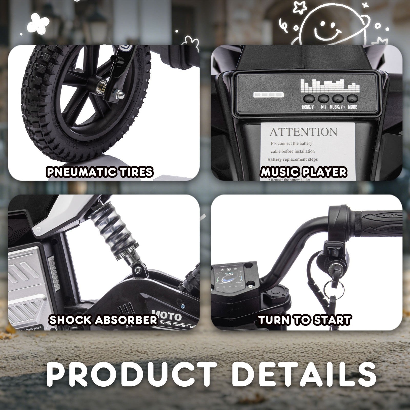 24V Kids Electric Dirt Bike Battery Powered Motorcycle 200W Ride On Car with Light Music