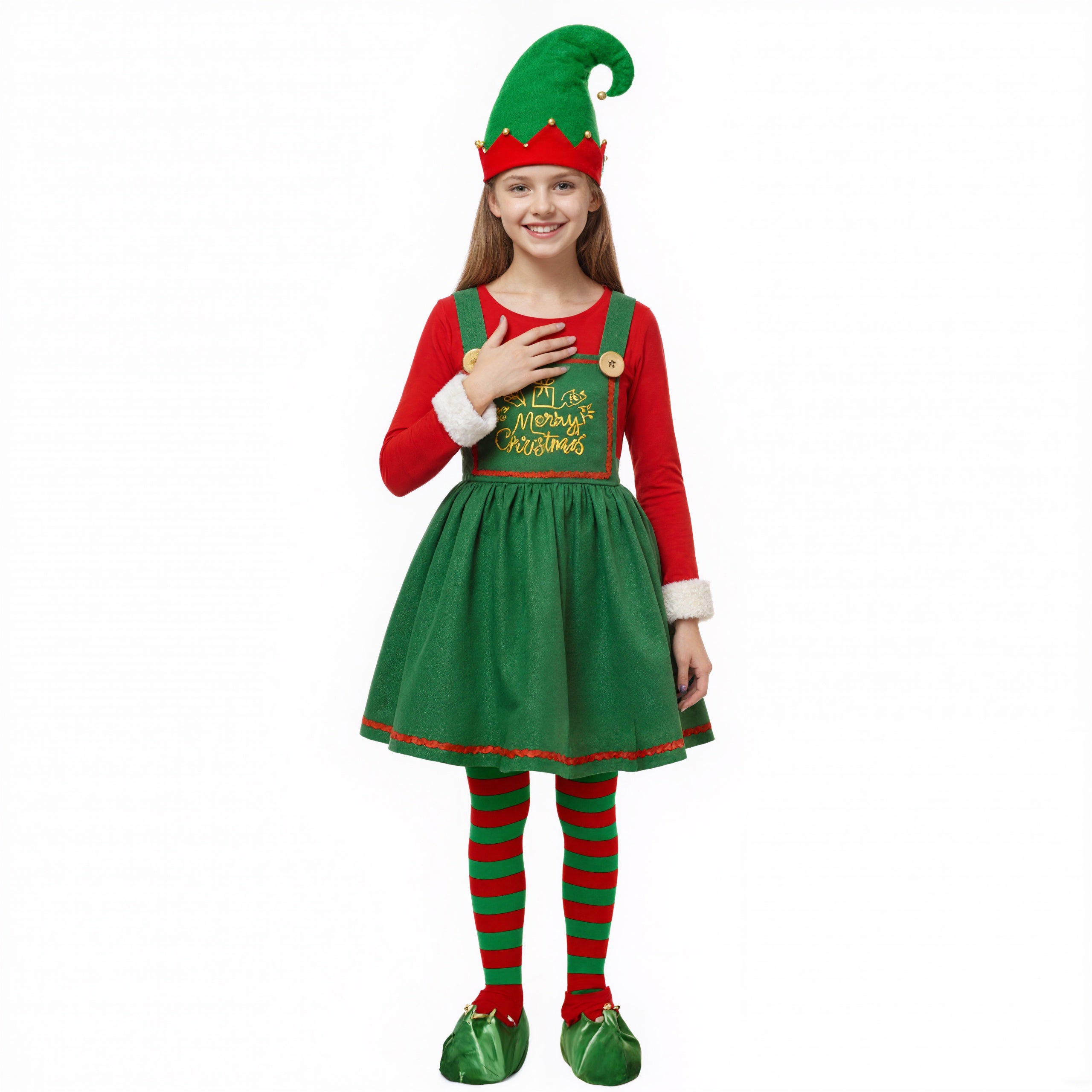 Elf Costume Cute Xmas Dress Hat Socks and Shoes 4pcs Suit Christmas Outfit for Kids Adults