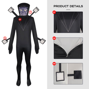 Skibidi Toilet Costume Titan TV Man Cosplay Outfit TV Man Jumpsuit Helmet 2pcs Set for Halloween Party